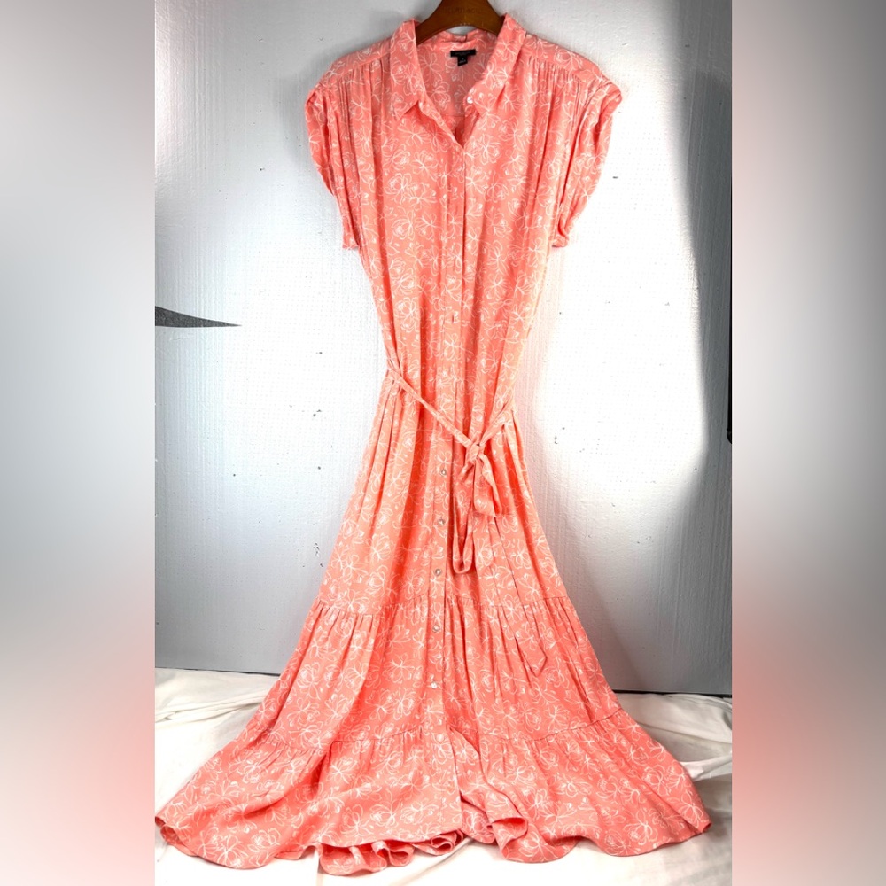 Ann Taylor Factory 16 Bright Peach Floral Sketch Belted Button Down Midi Dress - Picture 9 of 9